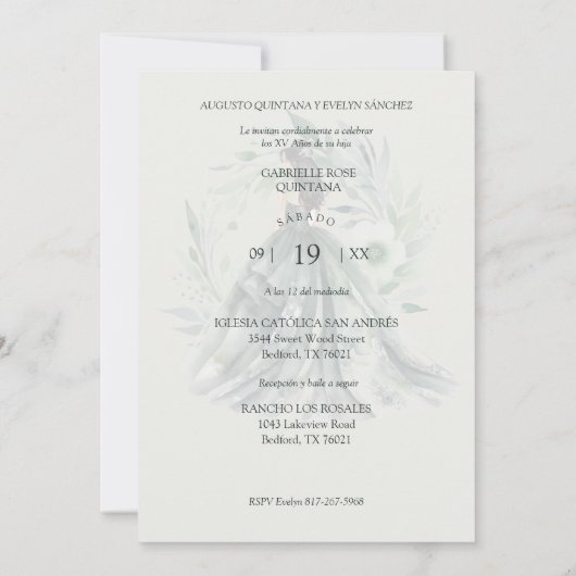 Chic Romantic Spanish Quinceañera Green Shades Einladung (Rückseite)