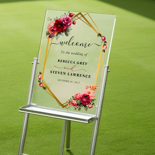 Chic Rosa Blumen und Imitate Gold Hochzeitsempfang Acrylschild