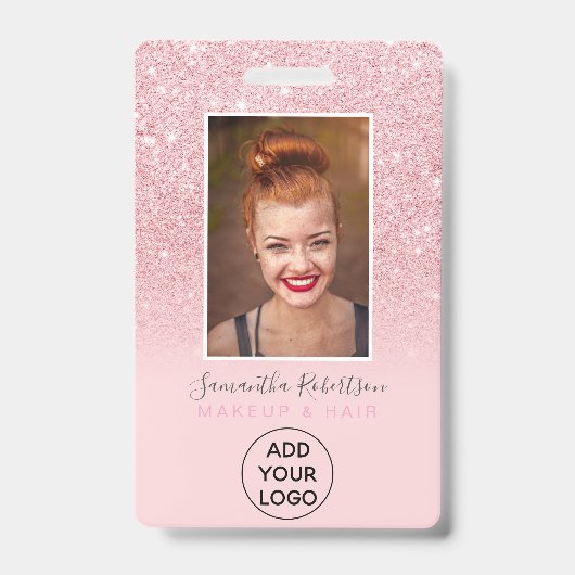 Chic rosa Glitzer funkelndes Logo Mitarbeiter Foto Ausweis (Vorderseite)