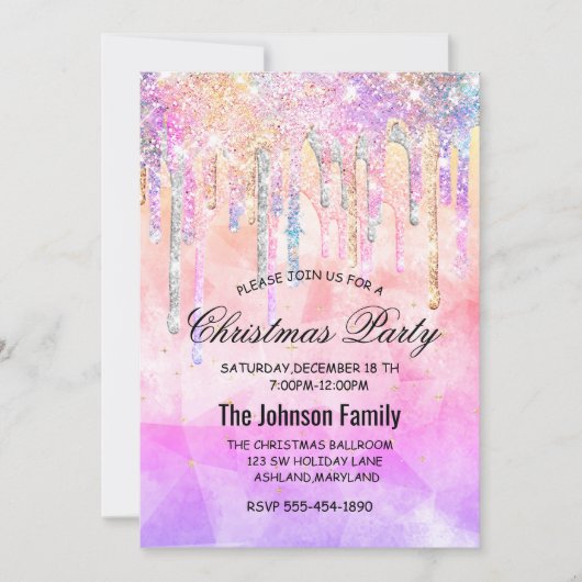 Chic rosa lila Einhorn-Tropfen Glitzer Weihnachten Einladung (Vorderseite)