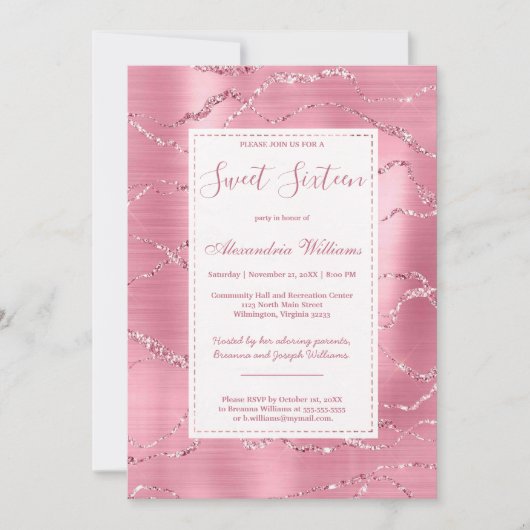 Chic rosa Rosa Glitzer Marmor Sweet 16 Einladung (Vorderseite)