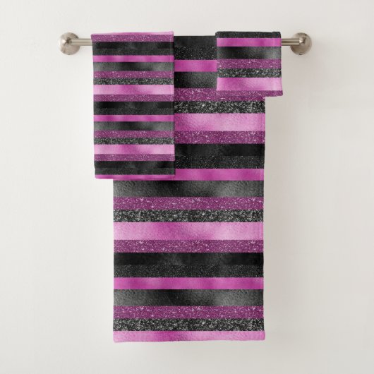 Chic rosa schwarze Glitter-Streifen Glam Design Badhandtuch Set (Insitu)
