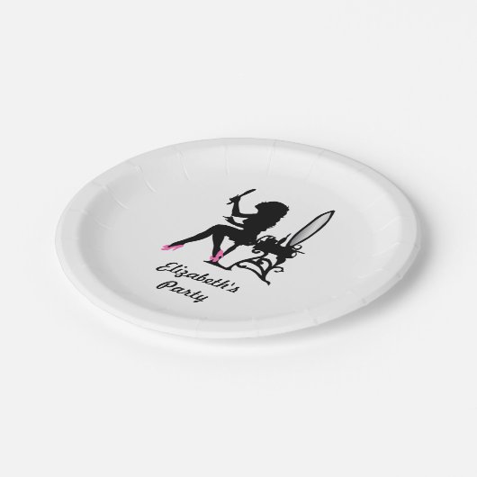 Chic-rosa und schwarze Frau der Mode-Silhouette Pappteller (Schrägansicht)