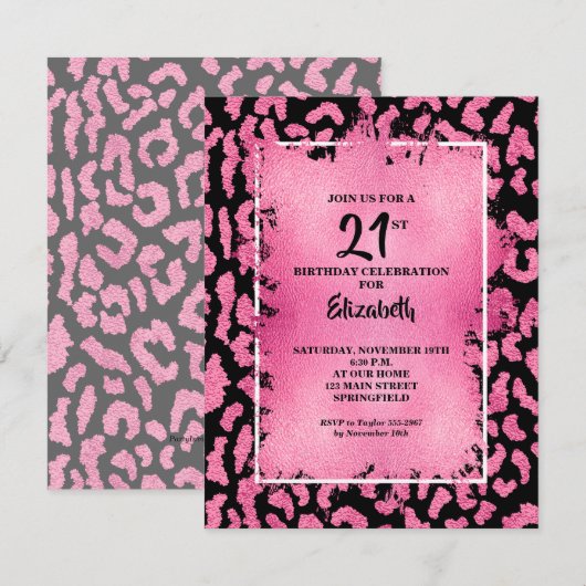 Chic rosa und schwarzer Leopardenprint Geburtstag Einladung (Vorne/Hinten)