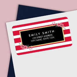 Chic Rosa und weiße Streifen mit Aquarellblumen Adressaufkleber
