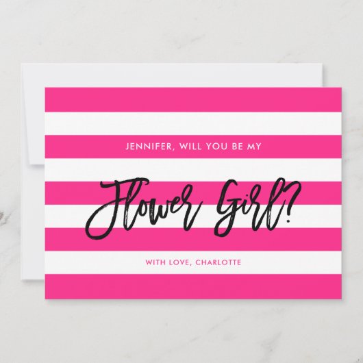 Chic rosa weiße Streifen werden Sie mein Blumenmäd Einladung (Vorderseite)