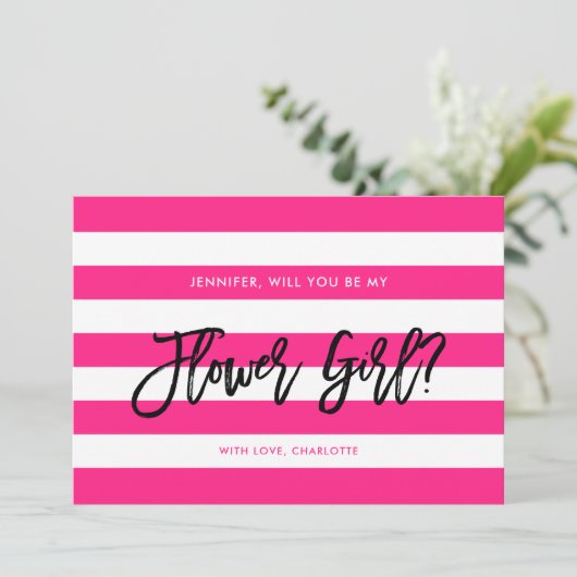Chic rosa weiße Streifen werden Sie mein Blumenmäd Einladung (Stehend Vorderseite)