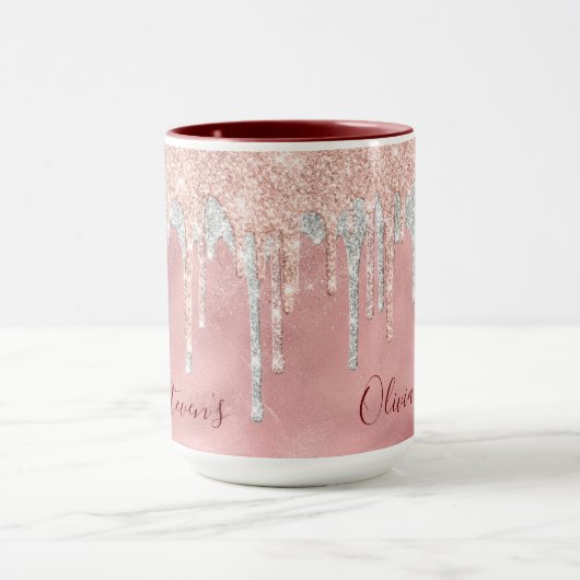 Chic Rose Blush Silber Tropfen Monogramm Tasse (Zentrum)