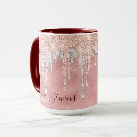 Chic Rose Blush Silber Tropfen Monogramm Tasse (Vorderseite Links)