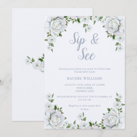 Chic Rose Border Sip & See Einladung (Vorne/Hinten)