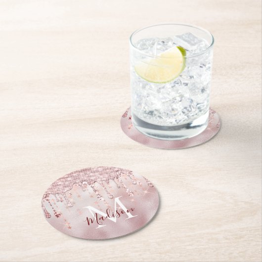 Chic Rose errötet vergoldeter Glitzer tropfen Mono Runder Pappuntersetzer (Vor Ort)