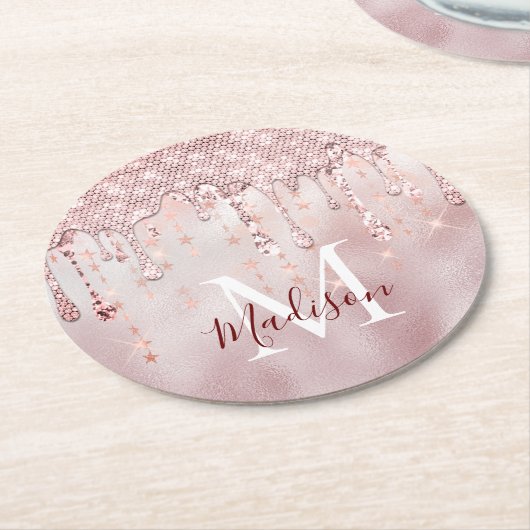 Chic Rose errötet vergoldeter Glitzer tropfen Mono Runder Pappuntersetzer (Angewinkelt)