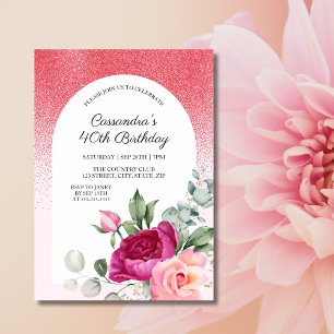 Chic Rose Floral Red Glitzer Geburtstag Einladung
