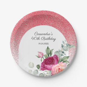 Chic Rose Floral Red Glitzer Geburtstag Pappteller