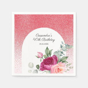 Chic Rose Floral Red Glitzer Geburtstag Serviette