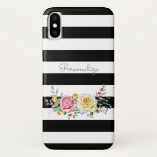 Chic Rose Floral Trendy Black Stripes und Name Case-Mate iPhone Hülle
