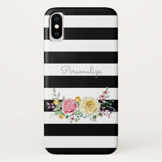 Chic Rose Floral Trendy Black Stripes und Name Case-Mate iPhone Hülle (Rückseite)