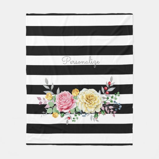 Chic Rose Floral Trendy Black Stripes und Name Fleecedecke (Vorderseite)