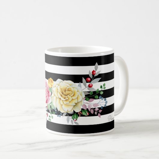 Chic Rose Floral Trendy Black Stripes und Name Kaffeetasse (VorderseiteRechts)