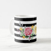 Chic Rose Floral Trendy Black Stripes und Name Kaffeetasse (Vorderseite Links)