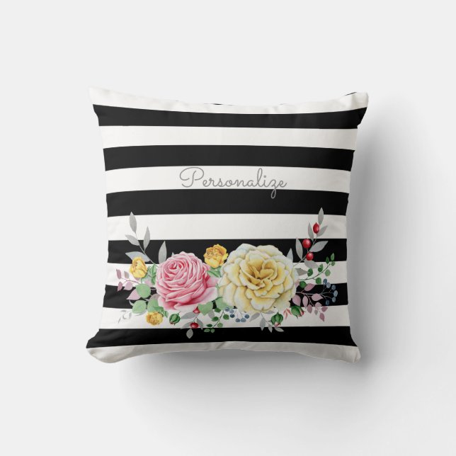 Chic Rose Floral Trendy Black Stripes und Name Kissen (Vorderseite)