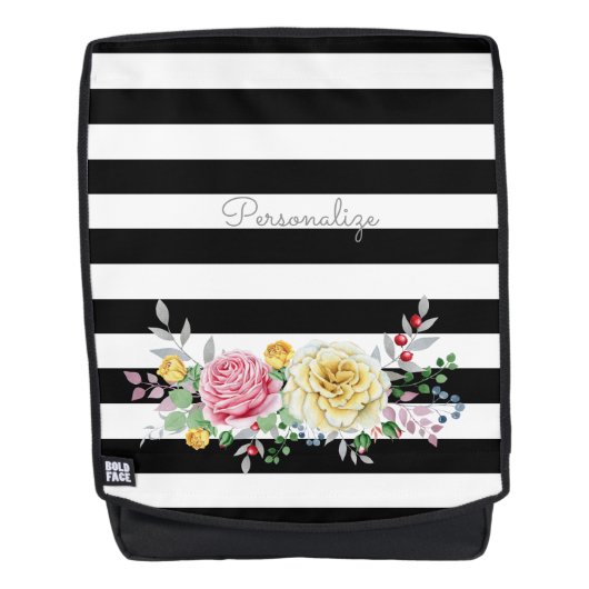 Chic Rose Floral Trendy Black Stripes und Name Rucksack (Vorderseite)