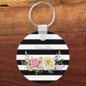 Chic Rose Floral Trendy Black Stripes und Name Schlüsselanhänger (Vorderseite)