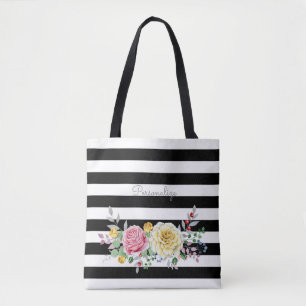 Chic Rose Floral Trendy Black Stripes und Name Tasche