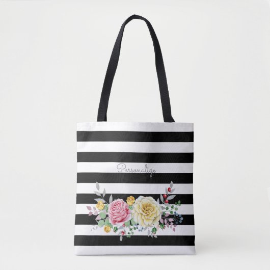 Chic Rose Floral Trendy Black Stripes und Name Tasche (Vorderseite)