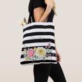 Chic Rose Floral Trendy Black Stripes und Name Tasche (Von Nahem)