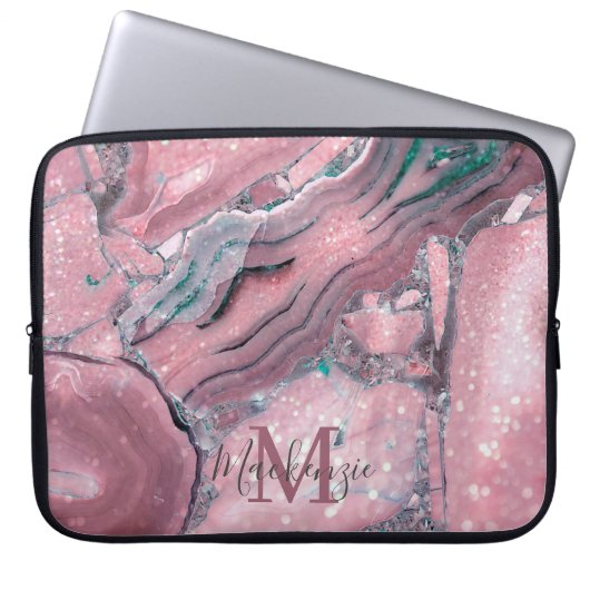 Chic Rose Gold Agate Geode Sparkle Monogram Laptopschutzhülle (Vorderseite)