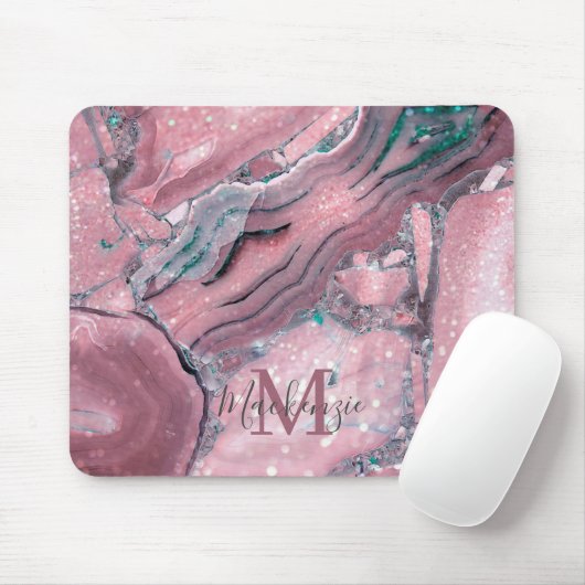Chic Rose Gold Agate Geode Sparkle Monogram Mousepad (Mit Mouse)