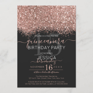 Chic Rose Gold Black Glitzer Confetti Quinceañera Einladung