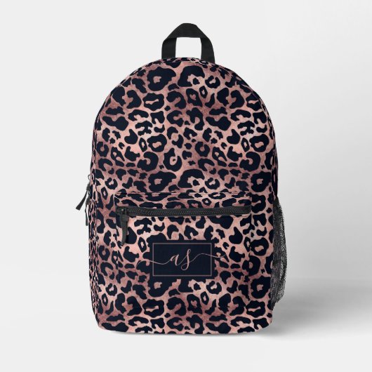 Chic Rose Gold Black Leopard Print Mit Monogramm Bedruckter Rucksack (Vorderseite)