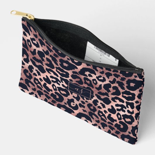 Chic Rose Gold Black Leopard Print Mit Monogramm Zubehörtasche (Offen)