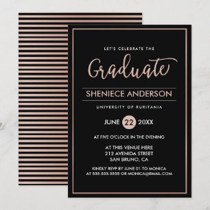 Chic Rose Gold & Black Script & Script Abschluss Einladung