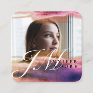 Chic Rose Gold Blue Watercolor Monogram Foto Quadratische Visitenkarte