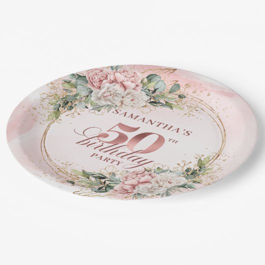 Chic Rose Gold Blush Floral Greenery 50th Birthday Pappteller (Schrägansicht)
