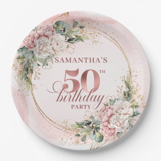 Chic Rose Gold Blush Floral Greenery 50th Birthday Pappteller (Vorderseite)