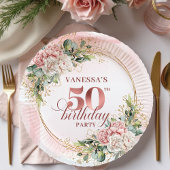 Chic Rose Gold Blush Floral Greenery 50th Birthday Pappteller