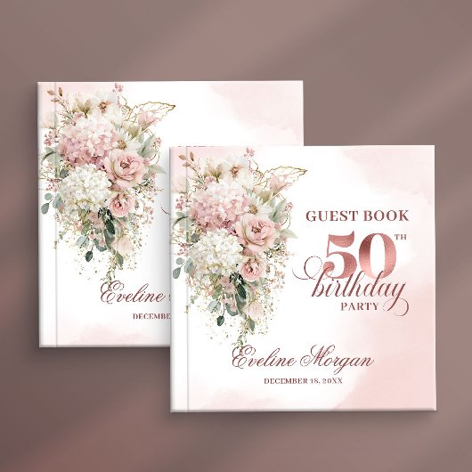 Chic Rose Gold Blush Flowers 50th Birthday Guestbo Gästebuch