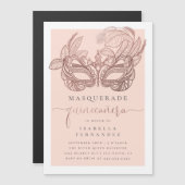 Chic Rose Gold & Blush Masquerade Quinceañera Magneteinladung (Vorne/Hinten)
