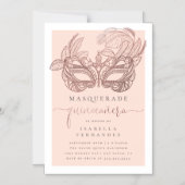 Chic Rose Gold & Blush Masquerade Quinceañera Magneteinladung (Vorderseite)