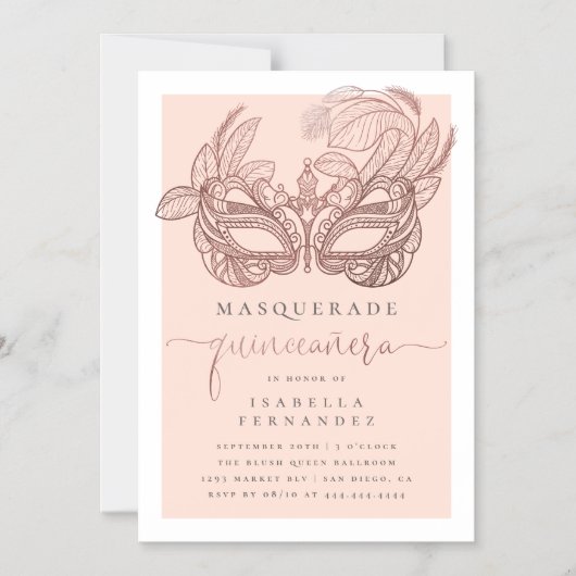 Chic Rose Gold & Blush Masquerade Quinceañera Magneteinladung (Vorderseite)