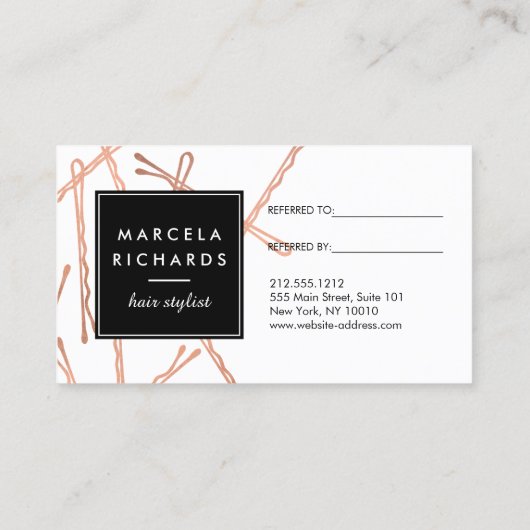 Chic Rose Gold Bobby Buttone Friseur Empfehlungska Empfehlungskarte (Rückseite)