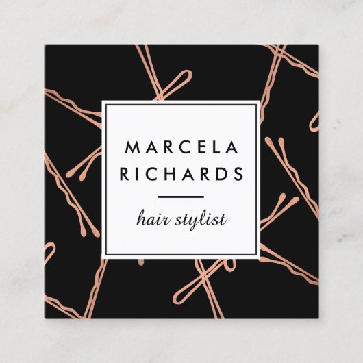 Chic Rose Gold Bobby Buttone Friseur Stylistische Quadratische Visitenkarte (Vorderseite)