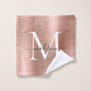 Chic Rose Gold Brushed Metal Monogram Girly Script Waschlappen