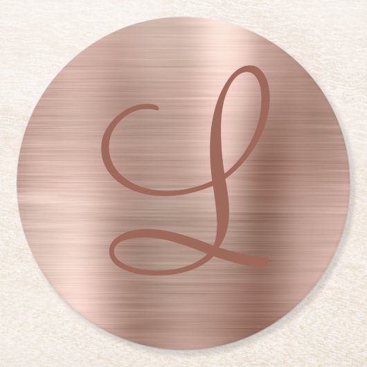 Chic Rose Gold Brushed Metal Monogram Initial Runder Pappuntersetzer (Vorderseite)