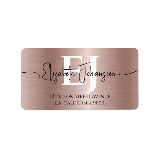 Chic Rose Gold Brushed Metal Script Name Monogram Adressaufkleber (Vorne)
