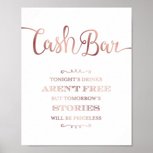 Chic Rose Gold CASH BAR QUOTE Beschriftung Poster (Vorne)